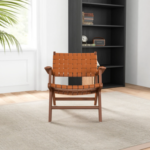 Mod Tan Strap Leather Teak Wood Lounge Chair