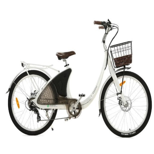 Lark White Electric City Bike For Women, 26 inch, with basket and rear rack, by Ecotric