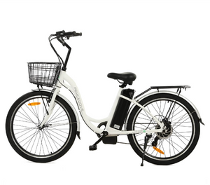 Peacedove White 26 inch Electric City Bike with basket and rear rack, by Ecotric