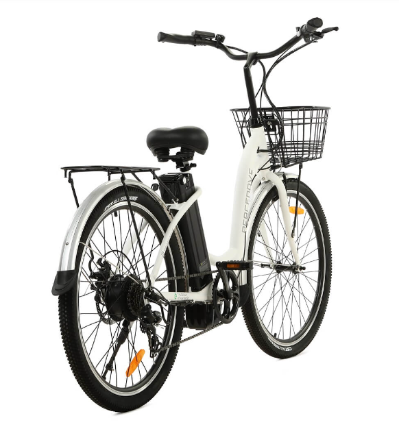 Peacedove White 26 inch Electric City Bike with basket and rear rack, by Ecotric